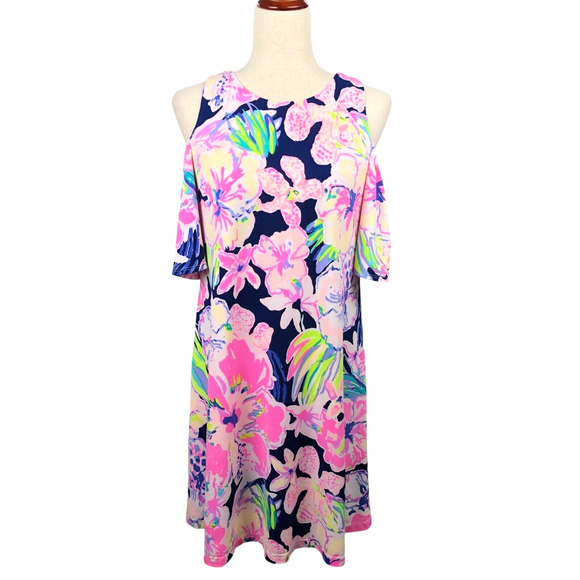Lilly Pulitzer SILK Dress Small Pink Multicolor Floral Shift Mini Cold Shoulder - Picture 1 of 15